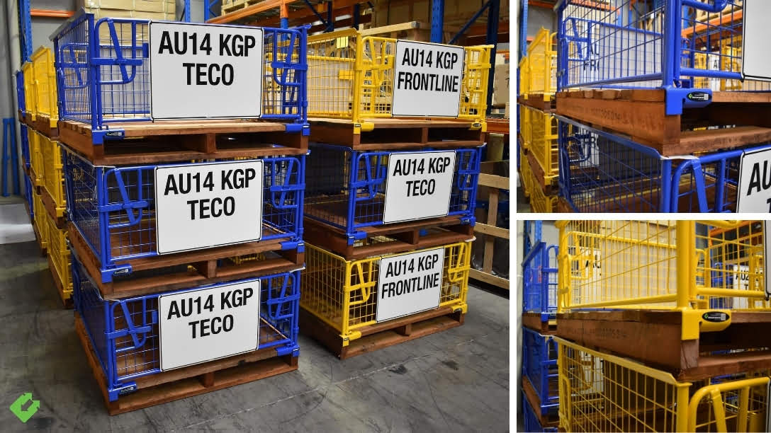Custom WERKS® Pallet Cages with durable colour-coded powder coating and clear site identification tags—designed for efficient logistics and robust storage at AU14 KGP.