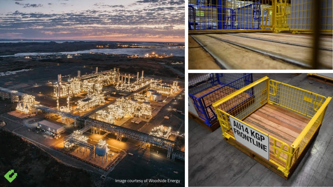 WERKS® custom pallet cages at the Woodside Energy site offer secure, stackable, and clearly labelled storage—perfectly suited for high-demand industrial environments.