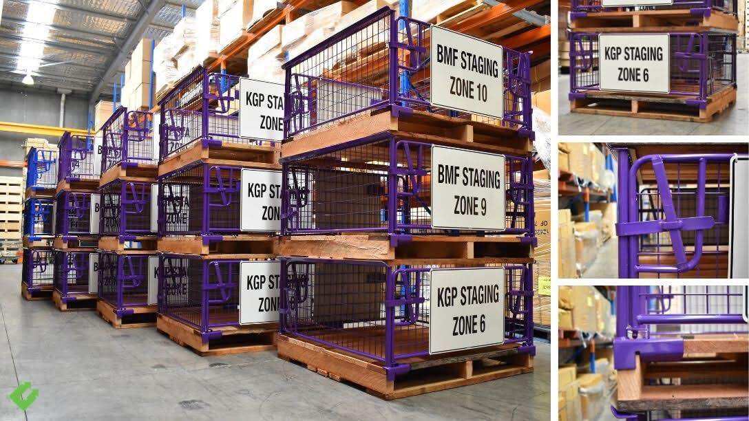 These purple WERKS® pallet cages with labeled staging zones are purpose-built for clear organization, safety, and easy access in high-volume industrial storage environments.