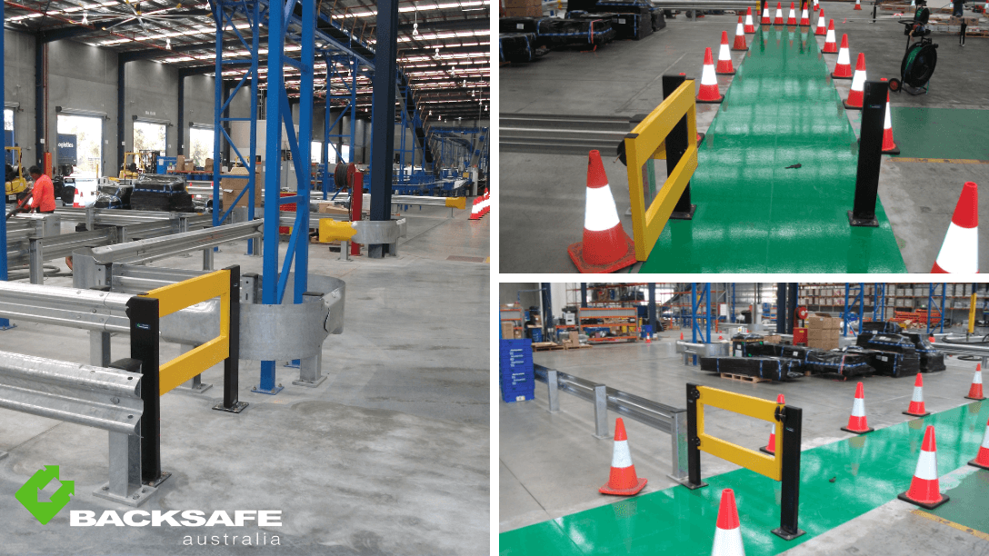 Staircase entry secured with dual-arm pedestrian gate and adjacent rail barrier by Backsafe AU, optimizing personnel safety in industrial environments.