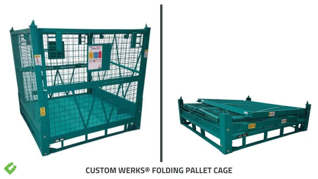 Custom Werks® folding pallet cage by Backsafe, shown in both expanded and collapsed positions for space-saving industrial storage and transport.
