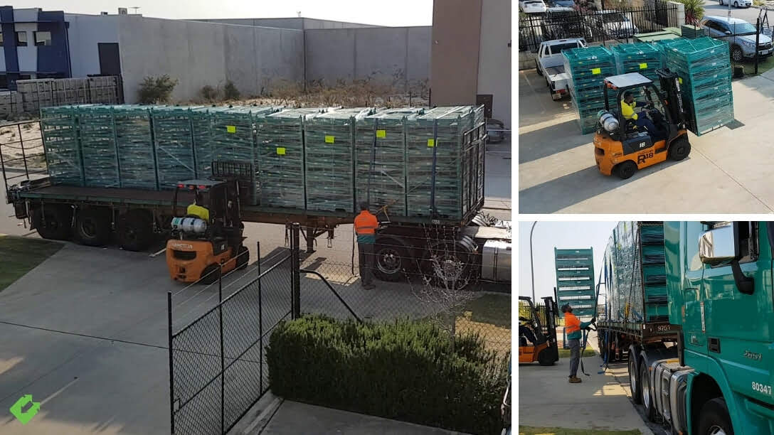 Backsafe team unloading a large delivery of custom folding pallet cages using forklifts, shown in multiple views around a flatbed truck at a warehouse facility.