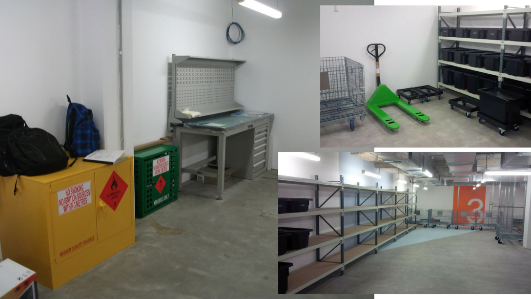 Backsafe shelving and storage fit-out at the Elizabeth Quay project, featuring industrial workbenches, pallet jacks, mobile shelving units, hazardous goods cabinets, and heavy-duty plastic storage bins.