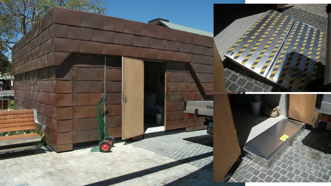 Backsafe aluminum access ramp installation at the Elizabeth Quay project, shown outside a copper-clad building with close-up views of the ramp setup for trolley and cart entry.