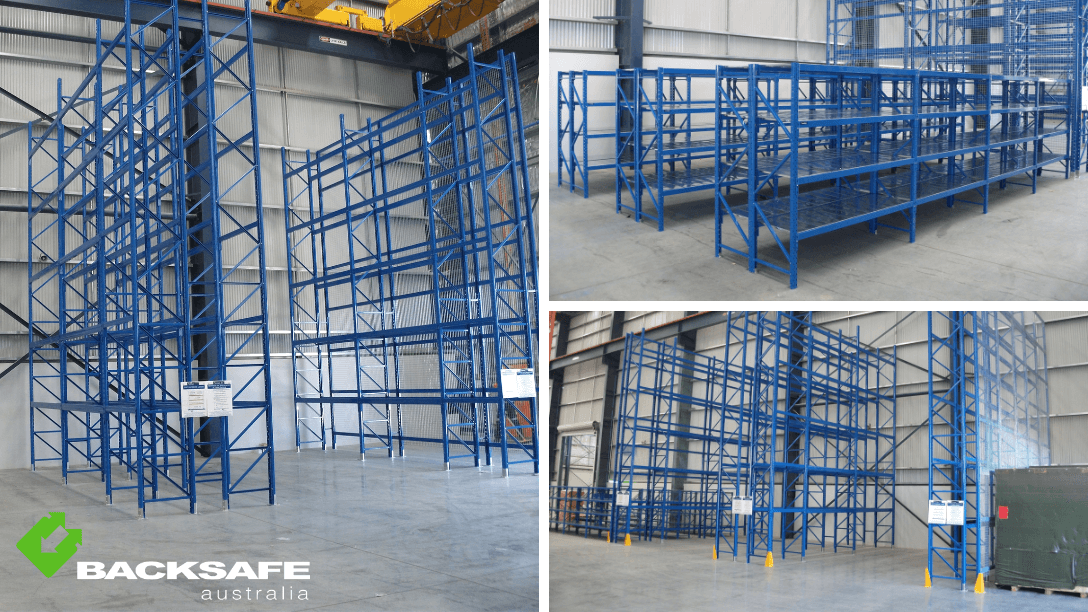 Backsafe Australia pallet racking system installed for the GE Oil & Gas project, showcasing high-capacity blue steel shelving for industrial warehouse storage.