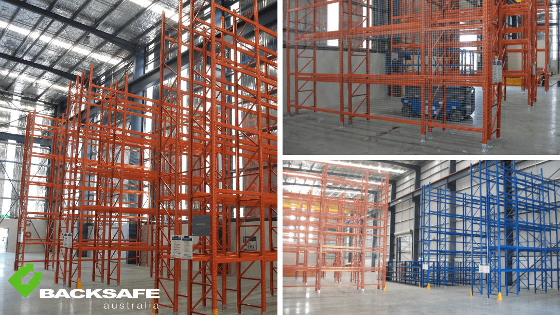 Backsafe Australia pallet racking system for GE Oil & Gas project, showcasing high bay orange and blue industrial shelving with safety mesh backing in a warehouse facility.