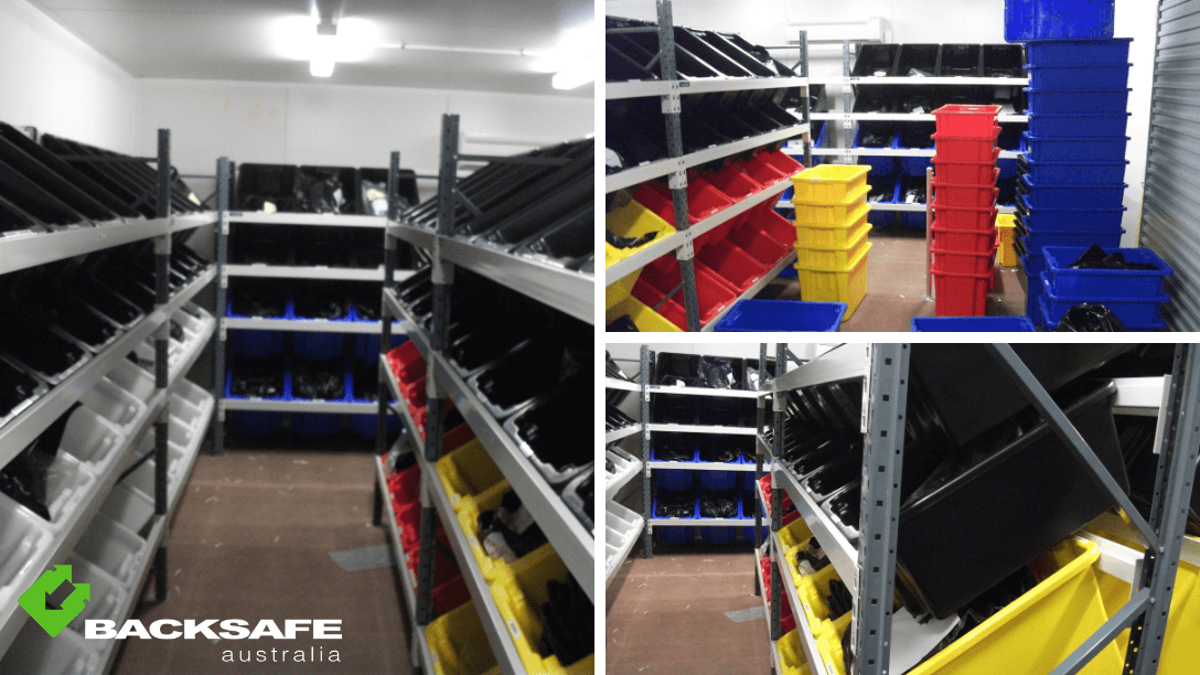 Backsafe Australia parts storage system for GE Oil & Gas project, featuring color-coded plastic bins and heavy-duty steel shelving for organized inventory management.
