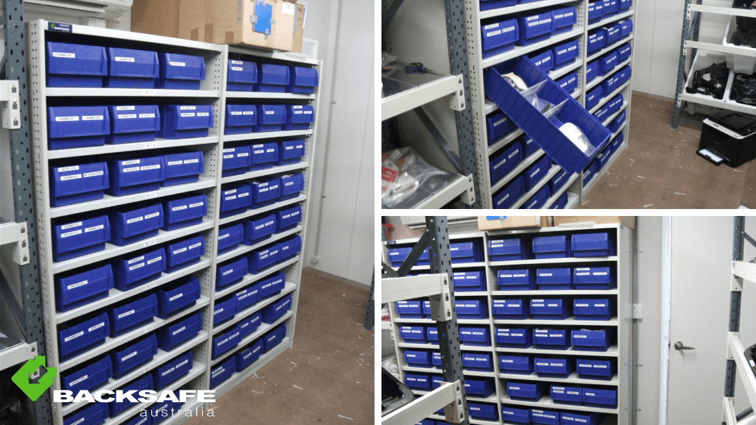 Backsafe Australia small parts storage system with labeled blue bins on steel shelving, part of GE Oil & Gas warehouse inventory organization solution.