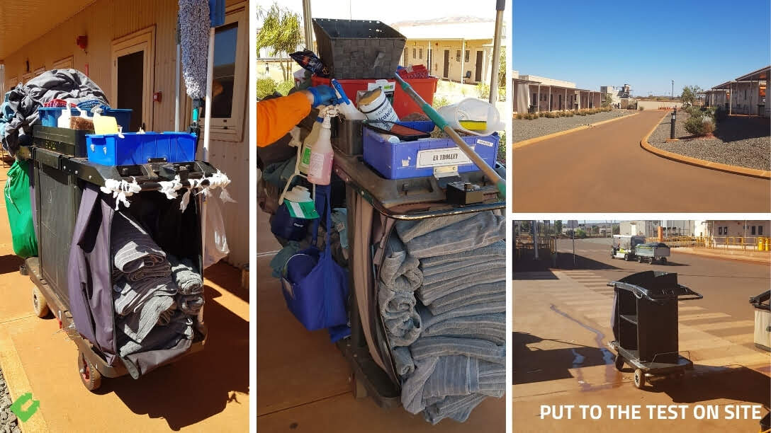 Backsafe STURGO housekeeping trolley designed for WA mine camps, featuring heavy-duty wheels, modular shelving, and tool hooks in a warehouse environment.