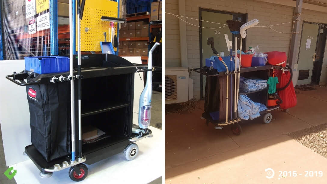Backsafe STURGO housekeeping trolley designed for WA mine camps, featuring heavy-duty wheels, modular shelving, and tool hooks in a warehouse environment.
