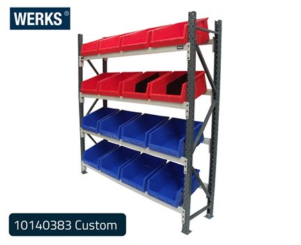 WERKS 10140383 custom activity rack featuring durable red and blue storage bins for efficient warehouse organization.